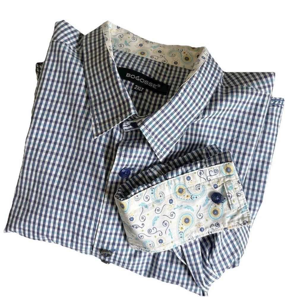 Mens Bogosse 2XLT Gingham Button Down Shirt Blue Teal Paisley Trim Contemporary